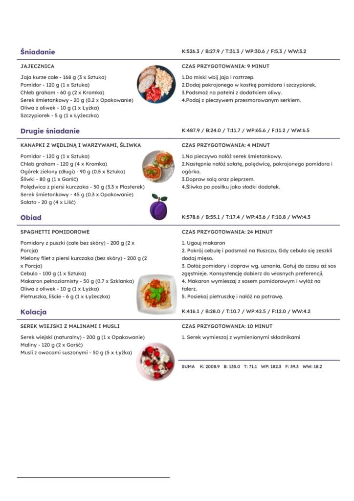 Dieta odchudzająca dla zapracowanych kobiet – idealne wsparcie w walce o zdrowie i sylwetkę! Masz napięty grafik, nie masz czasu na skomplikowane przepisy, ale chcesz zadbać o swoją wagę i samopoczucie? Nasza dieta jest stworzona specjalnie z myślą o Tobie! Dzięki prostym i szybkim posiłkom, które są łatwe do przygotowania w ciągu dnia, możesz osiągnąć swoje cele zdrowotne i odchudzające, nie poświęcając przy tym całego czasu na gotowanie. Co znajdziesz w diecie? 7-dniowy plan żywieniowy: Każdy dzień to cztery pyszne, dobrze zbilansowane posiłki, które wspomogą Twoje odchudzanie i dostarczą Ci wszystkich niezbędnych składników odżywczych. Zdjęcia posiłków: Każdy posiłek w jadłospisie ma swoje zdjęcie, dzięki czemu łatwiej będzie Ci się zainspirować i zaplanować przygotowanie jedzenia. Lista zakupów ze zdjęciami: Zaoszczędź czas i pieniądze, kupując tylko to, czego naprawdę potrzebujesz. Wszystkie produkty są dokładnie opisane. Zamienniki produktów: Nie musisz martwić się, jeśli nie znajdziesz konkretnego składnika. Z listą zamienników łatwo dostosujesz dietę do własnych preferencji. Tabela z posiłkami i kaloriami: Prosty sposób na kontrolowanie kalorii i makroskładników, którą możesz wydrukować i mieć zawsze pod ręką. Zalecenia i porady dietetyczne: Otrzymasz praktyczne wskazówki, które pomogą Ci efektywnie korzystać z planu i szybciej osiągnąć wymarzoną sylwetkę. Zyskaj więcej niż dietę – zyskaj czas, wygodę i efektywność! #dietaodchudzająca, #zdrowadieta, #odchudzanie, #planżywieniowy, #odchudzaniewpracy, #zapracowanakobieta, #dieta, #zdroweodchudzanie, #zdrowystylzycia, #łatweprzepisy, #dieta7dniowa, #szybkieposiłki, #jakschudnąć, #efektywneodchudzanie, #fitdieta, #dietaonline, #planżywienia, #dietaodchudzającaonline, #zdroweodżywianie, #motywacja, #dietaidealna, #dietadlazapracowanych, #dietałatwa, #dietaefektywna, #odchudzanieiżycie, #dietazamienniki, #poradyodchudzające, #tabelaposiłków, #szybkieprzepisy, #prosteprzepisy, #łatwadieta, #7dniawdieta, #codziennaenergia, #dietaonlinezapracowani, #wygodnadieta, #dietaestetyka, #planżywieniowyzapracowanych, #dietaidealistka, #dietaodchudzająca24h, #zbilansowanaposiłki, #odchudzaniew7dni, #dietadlaKobiet, #kobiecystyl, #szybkadieta, #zdrowyposiłek, #odchudzaniebezstresu, #dietaefektywna, #dieta na codzień, #prostyplanżywieniowy, #planżywieniowyprosty, #dietanakażdydzień, #odchudzanieprosto, #prostoidoceanu, #zmiennaszeżycie, #szybkieżycie, #zdrowieprzede wszystkim, #dietazaparodowane, #pozytywdieta, #jedziszwieżo, #dietaonline24h, #tabelaposiłków24h, #dietaefektywnie, #jedzodpowiedzialnie, #wygodnajedzenie, #bądźzdrowa, #pozytywnezmiany, #kobiecyplanżywieniowy, #odchudzaniesystematyczne, #rozwiązaniazapracowanych, #elastycznadzietajedzenie, #energiadodnia, #zrównoważonadieta, #dietawdzień, #jedzefektywnie, #odchudzaniesamodzielne, #wygodnanauka, #będzieszgotowa, #prosteodchudzanie, #dietaintensywnie, #fityżycie, #stopwzrostucukrów, #zredukowanawaga, #nowyczas, #planwydolnościowy, #zdroweszampony, #działajskutecznie, #zmieniajżycie