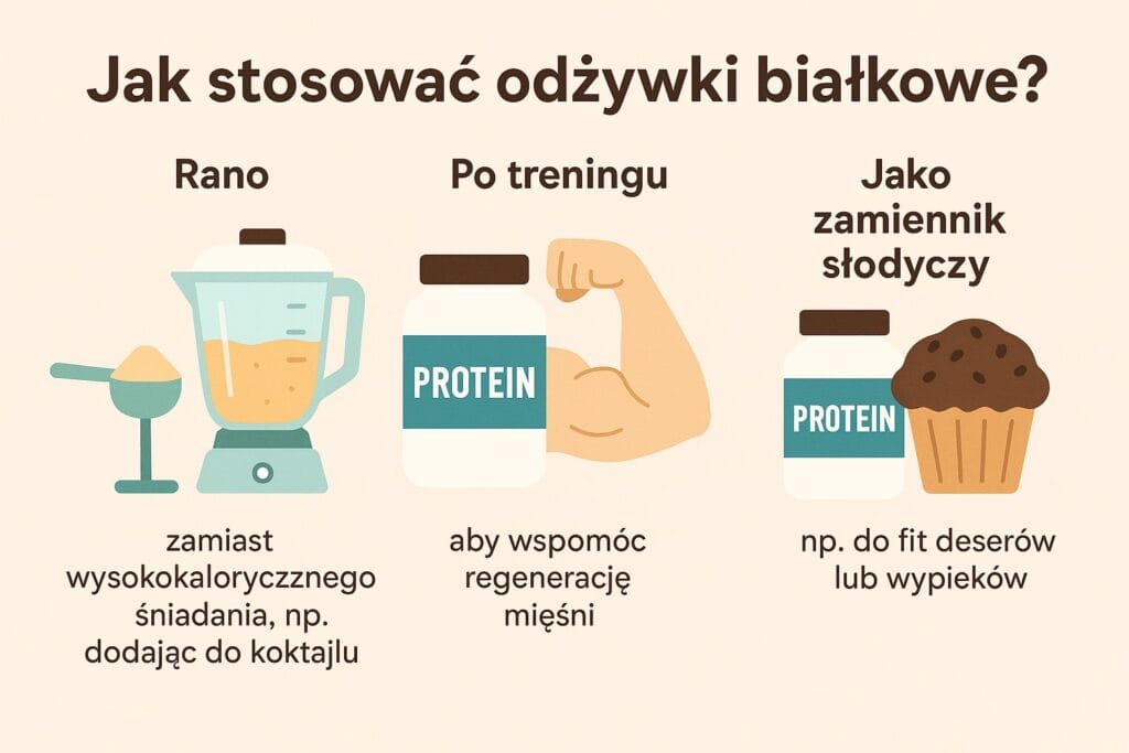 Jak stosować odżywki białkowe? Rano – zamiast wysokokalorycznego śniadania, np. dodając do koktajlu. Po treningu – aby wspomóc regenerację mięśni. Jako zamiennik słodyczy – np. do fit deserów lub wypieków.