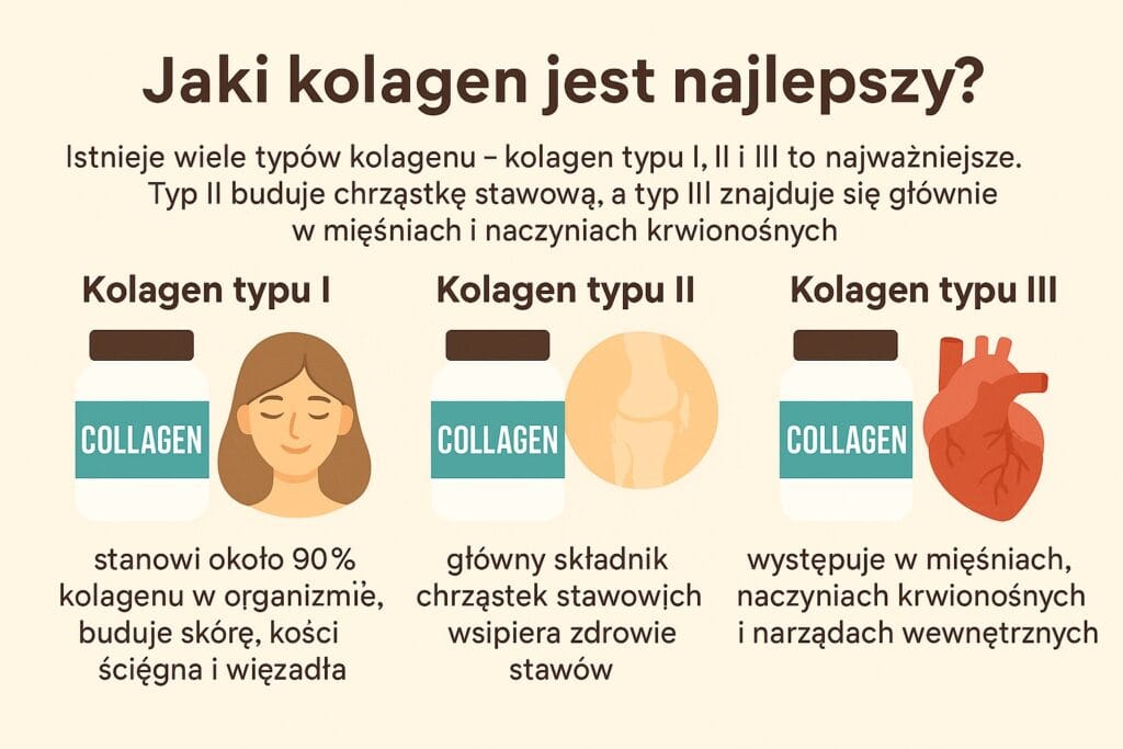 Istnieje wiele typów kolagenu - kolagen typu I, II i III to najważniejsze. Typ II buduje chrząstkę stawową, a typ III znajduje się głównie w mięśniach i naczyniach krwionośnych. W organizmie człowieka występuje ponad 28 różnych typów kolagenu, ale najważniejsze to: Kolagen typu I - stanowi około 90% kolagenu w organizmie, buduje skórę, kości, ścięgna i więzadła Kolagen typu II - główny składnik chrząstek stawowych, wspiera zdrowie stawów Kolagen typu III - występuje w mięśniach, naczyniach krwionośnych i narządach wewnętrznych Wybierając suplement diety, warto zwrócić uwagę na kolagen typu, jaki zawiera. Kolagen do picia zawierający typ I będzie najlepszy dla elastyczności skóry i włosów i paznokci, podczas gdy typ II sprawdzi się przy problemach ze stawami.