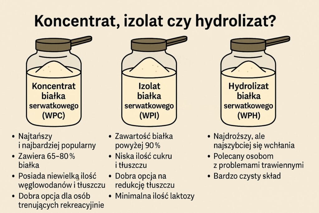Koncentrat, izolat czy hydrolizat? W sklepach znajdziemy różne rodzaje odżywek białkowych. Oto najpopularniejsze typy: Koncentrat białka serwatkowego (WPC) Najtańszy i najbardziej popularny Zawiera 65–80% białka Posiada niewielką ilość węglowodanów i tłuszczu Dobra opcja dla osób trenujących rekreacyjnie Izolat białka serwatkowego (WPI) Zawartość białka powyżej 90% Niska ilość cukru i tłuszczu Dobra opcja na redukcję tłuszczu Minimalna ilość laktozy Hydrolizat białka serwatkowego (WPH) Najdroższy, ale najszybciej się wchłania Polecany osobom z problemami trawiennymi Bardzo czysty skład